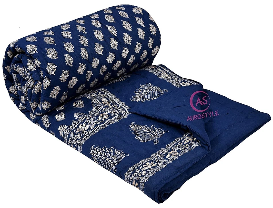 Colcha acolchada hecha a mano floral dorada de algodón edredón indio Jaipuri Razai Foto 2 de 4