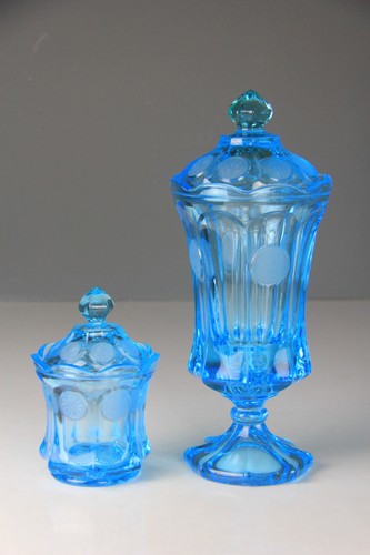 2er Set Fostoria Aquamarin blau Münze Medaillon Glas Fuß Glas mit Deckel