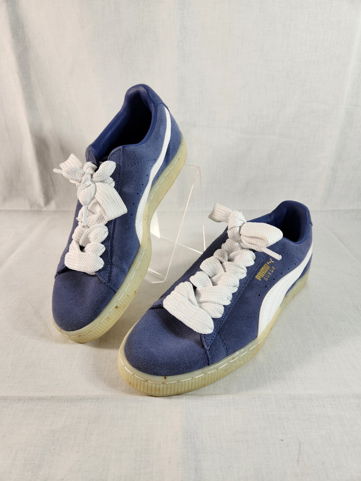 SAOLA Puma scamosciato donna taglia 7 5 basso pizzo grasso blu oro suola glitter NUOVO senza scatola