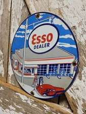 VINTAGE ESSO PORCELAIN SIGN OLD 12" GAS PUMP PLATE CAR MOTOR OIL SERVICE STATION