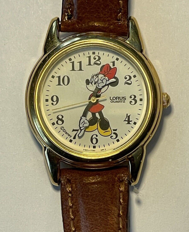 Disney Lorus Minnie Mouse Watch Women Gold Tone Leather Band New Battery 8"