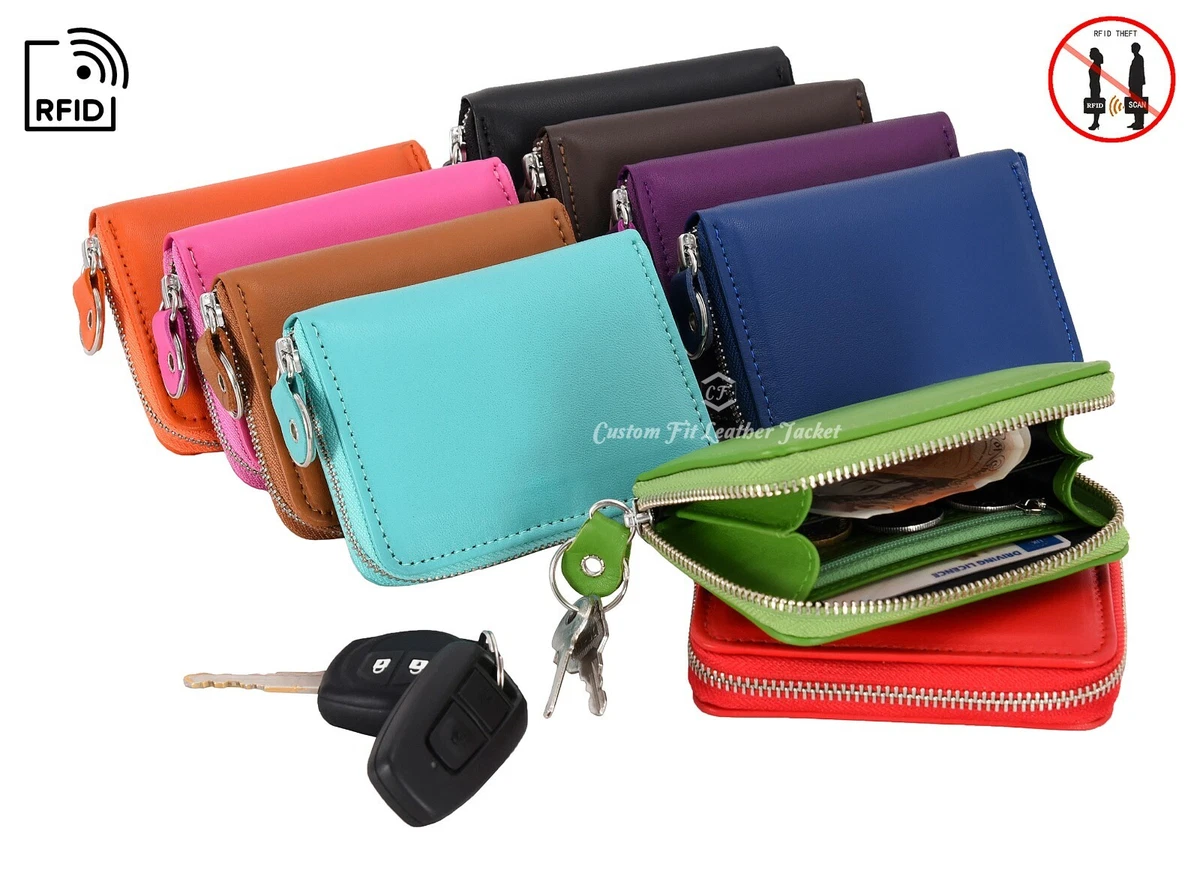 Unisex Zip Coin Purse Key Holder Small RFID Protection Pouch Real Leather  Wallet