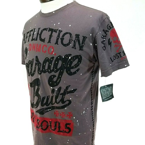 Camiseta AFFLICTION HECHA EN EE. UU. GARAJE CONSTRUIDA Gris calavera con tachuelas cosidas para hombre S NUEVA* - Imagen 5 de 12