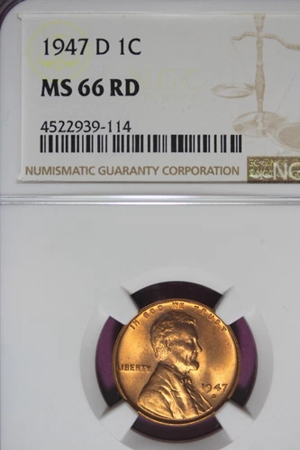 1947 D - NGC MS66 RD LINCOLN WHEAT CENT #B45970