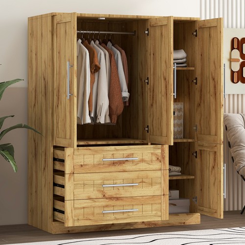 4 Door Wardrobe Freestanding Armoire Closet Storage Cabinet 3 Drawers, 4 Shelves - Picture 2 of 13