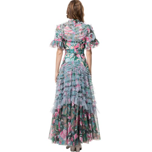 Occident Womens Short Flare Sleeve Ruffles Floral Print Sequins Long Swing Dress - Picture 2 of 25
