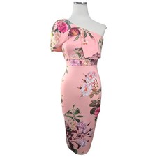 NWT ASOS Floral One Shoulder Midi Dress Pink Scuba Bodycon Wedding Guest US 2