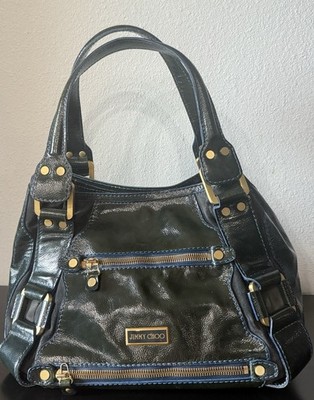 Jimmy Choo Black Patent Satchel Top Handle Bag Double Handles Zip Gold Hardware