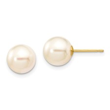 14k Yellow Gold 8-9mm White Round Akoya Cultured Pearl Stud Post Earrings