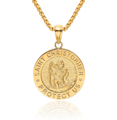 14K Solid Yellow Gold Saint Christopher Medal Necklace