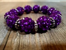 Purple Faceted Bead Stretch Bracelet Rhinestone Rondelle Silver Tone