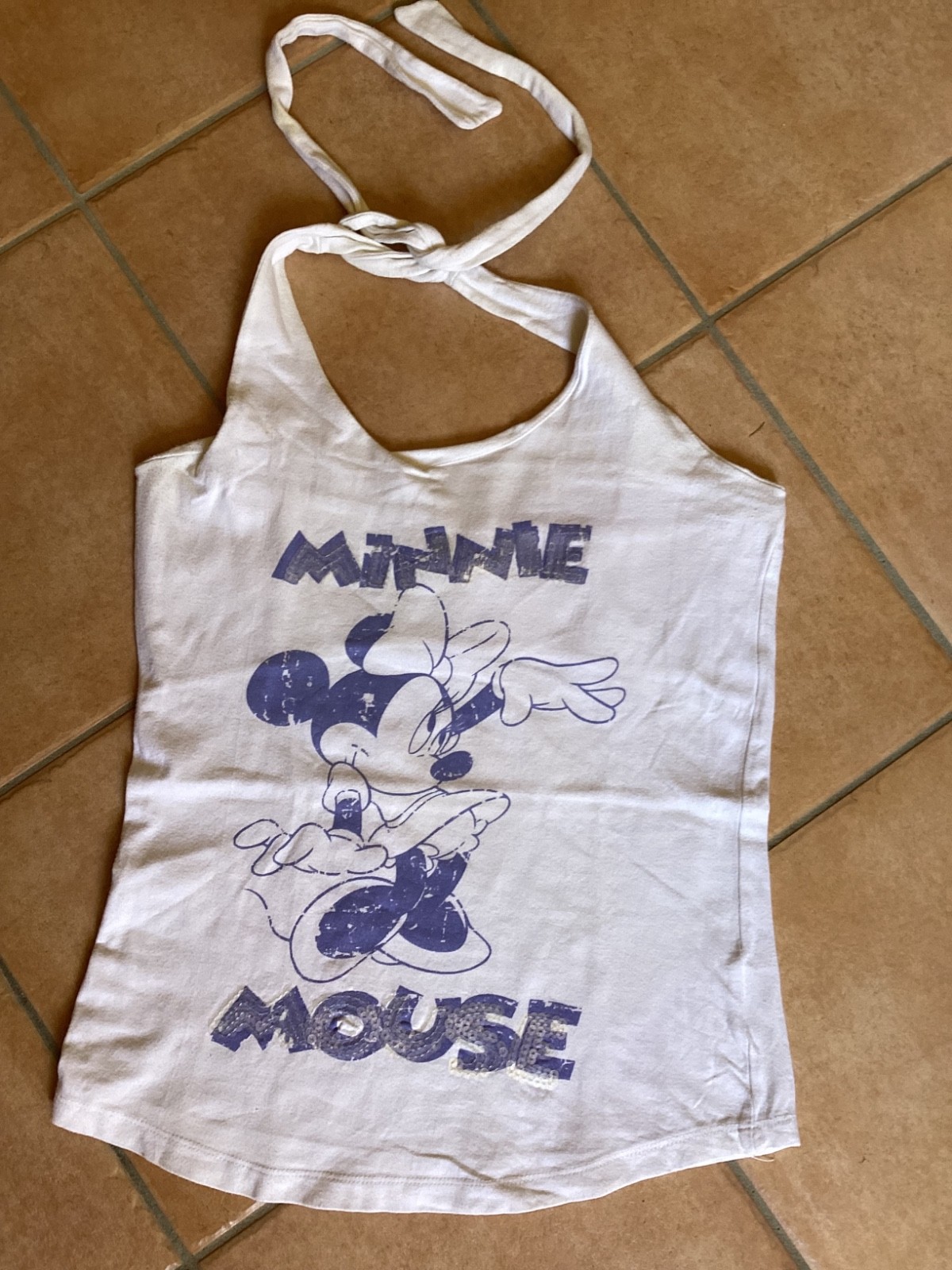 Top donna tg s cotone bianco con stampa blu e paiettes Minnie Disney
