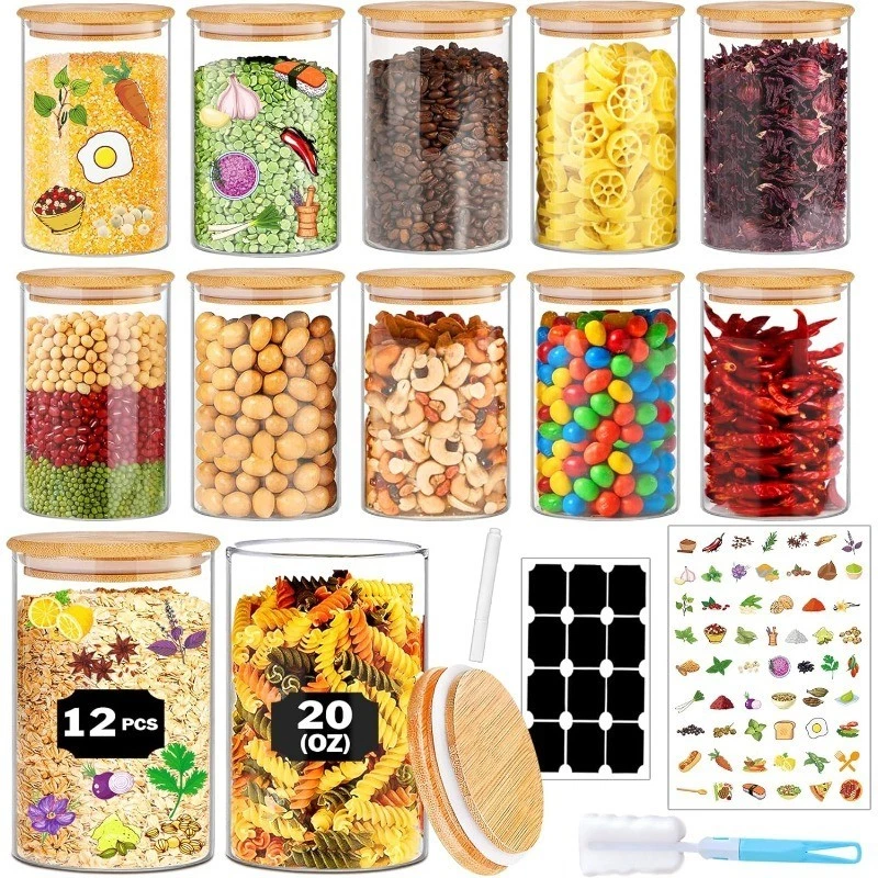 Glass Jars W/ Bamboo Lids 20 oz 12 Pcs Stackable Kitchen Glass Pantry Storage