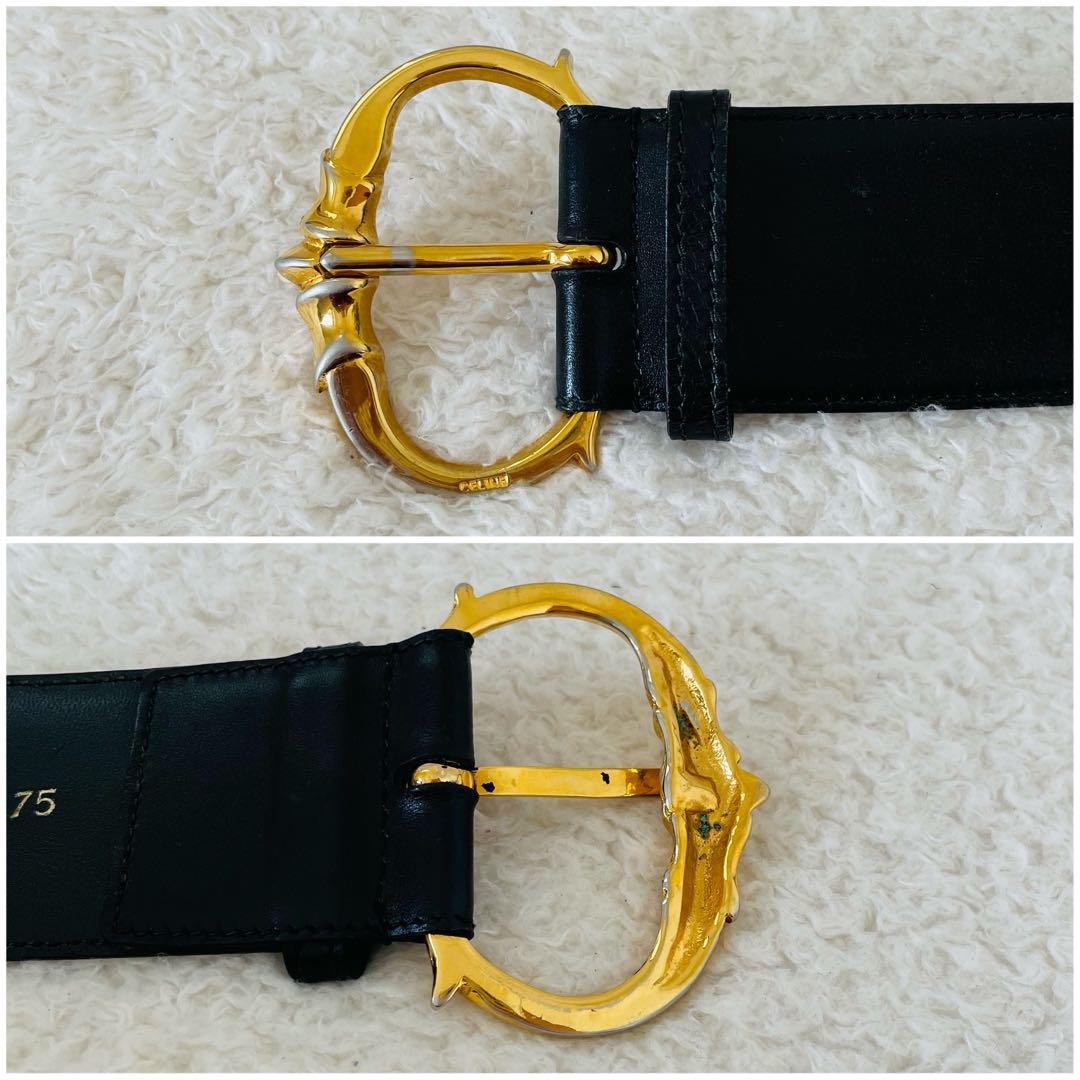 CELINE Waist Belt 75 Leather Black Gold Bukle Women's from
