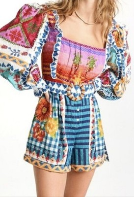Farm Rio Summer Stitches Romper Shorts Women's L Patchwork Embroidered Boho