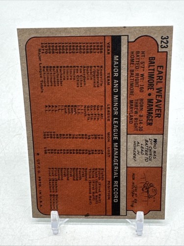 1972 Topps Set-Break #323 Earl Weaver Ex Baltimore Orioles Manager - Picture 2 of 2