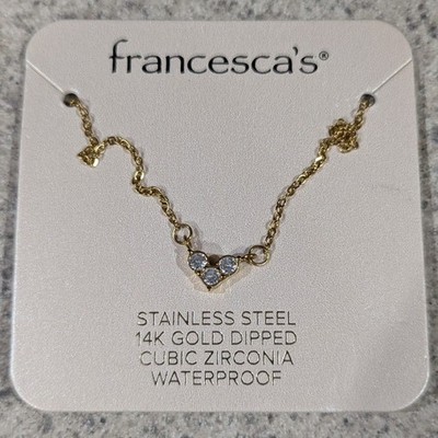 Francesca's Stainless Steel 14K Gold Dipped Cubic Zirconia Three Stone Necklace 