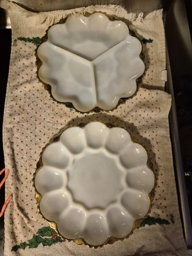 Anchor hocking fire king milk glass devil egg & Tri Plate platter dish gold trim