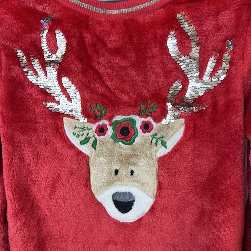 Wonder Nation Girls Red Plush Reindeer Holiday Sweater Sz 6-6X Sequin Christmas - Picture 2 of 6