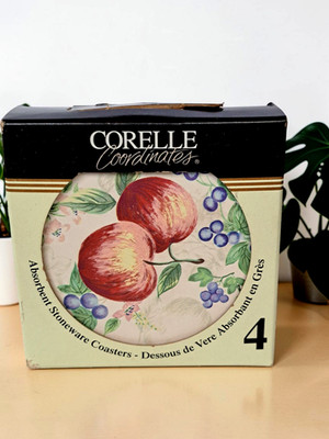 4 Four Corelle Coordinates Apples Blueberries Fruit Stoneware Coasters Cork Back