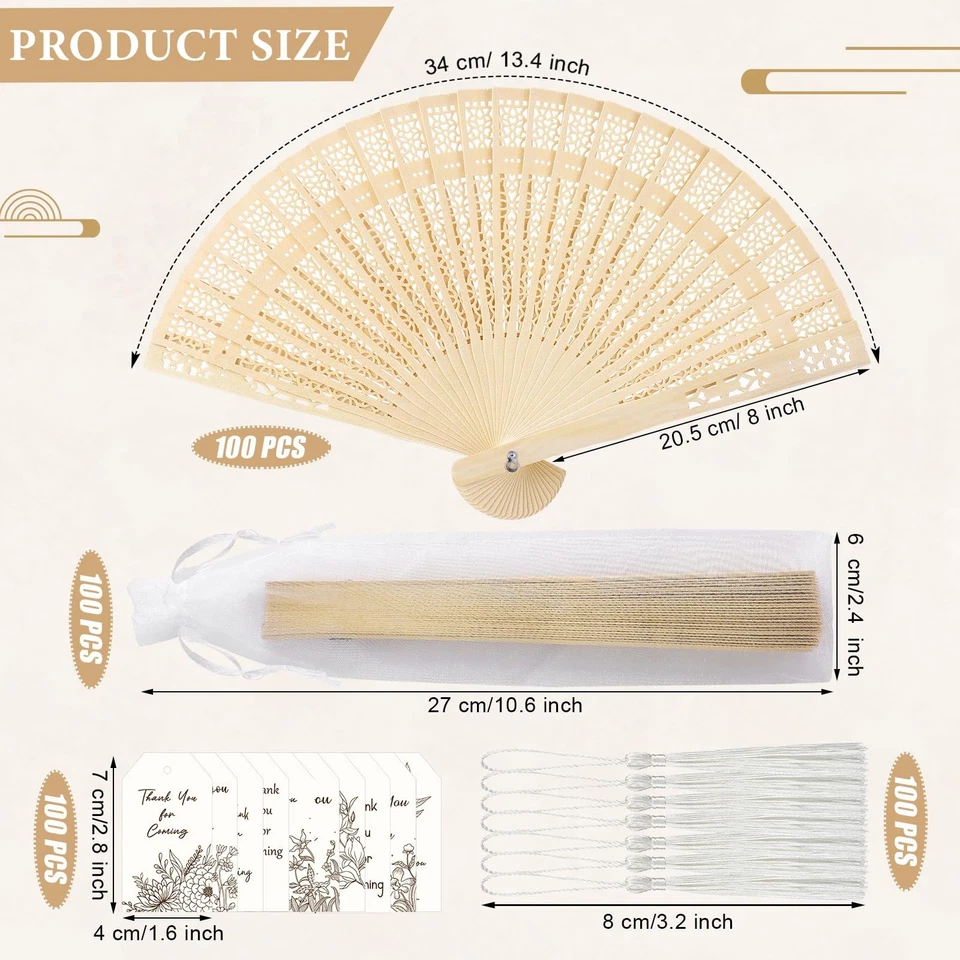 100 Wedding Fans Bulk Folding Wooden Hand Fans Sandalwood Hollow Carved Handh... - Image 2 of 4