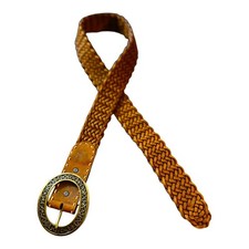 Vtg Brighton Womens Braided Leather Belt L/34 Brown Brass Buckle Boho Western