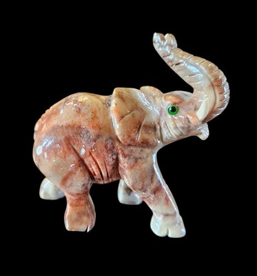 Vintage Hand Carved Elephant Figurine Stone Onyx Sculpture w Tusks Green Eyes 4 