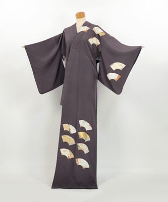 Kimono / Japanese Silk Homongi with Yuzen Fan Motif, Artist Signed / K2507013