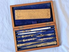Antique Victorian MAHOGANY CASED SET BRASS DRAWING INSTRUMENTS VGC