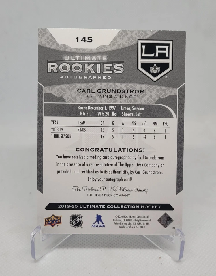 2019-20 UD Ultimate Collection - Ultimate Rookies Auto /299 Carl Grundstrom - Image 2 of 2