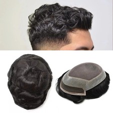 French Lace Front Mens Toupee Human Hair Replacement System Poly Skin Hairpiece
