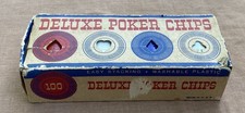 Vintage NEW IN Original Box 100 DELUXE BLUE AND RED PLASTIC POKER CHIPS USA