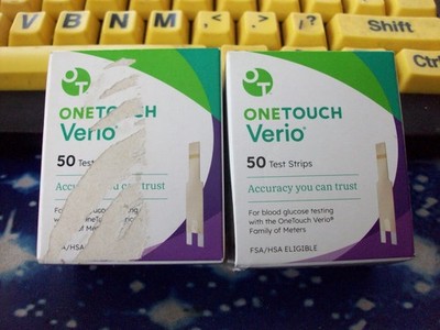 100 ONE TOUCH VERIO TEST STRIPS, 2 X 50, EXP  10 & 11-26, DINGED SEALED BOXES