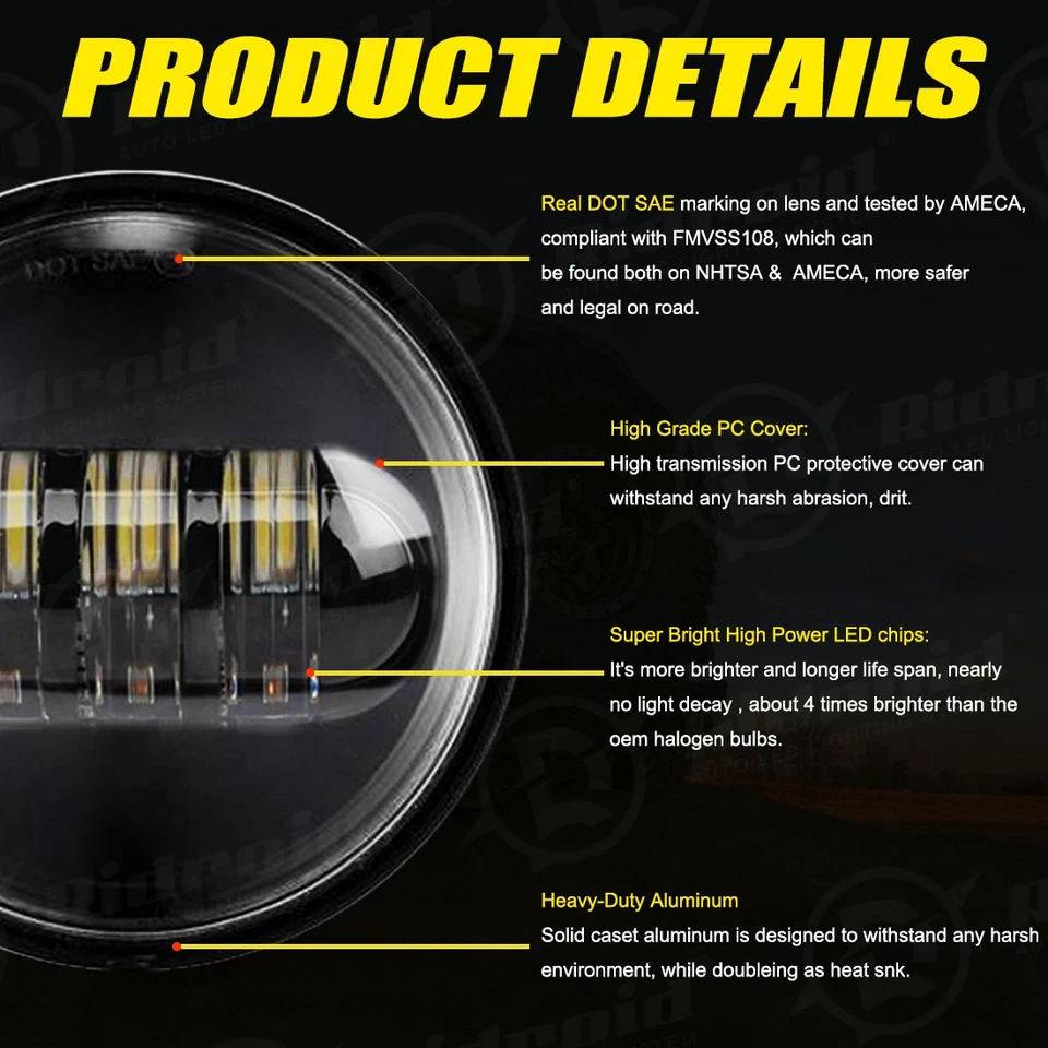 Pair 4.5" inch LED Spot Passing Lamp Halo Fog Lights For Harley Motorcycle 4 1/2 - Image 4 of 4