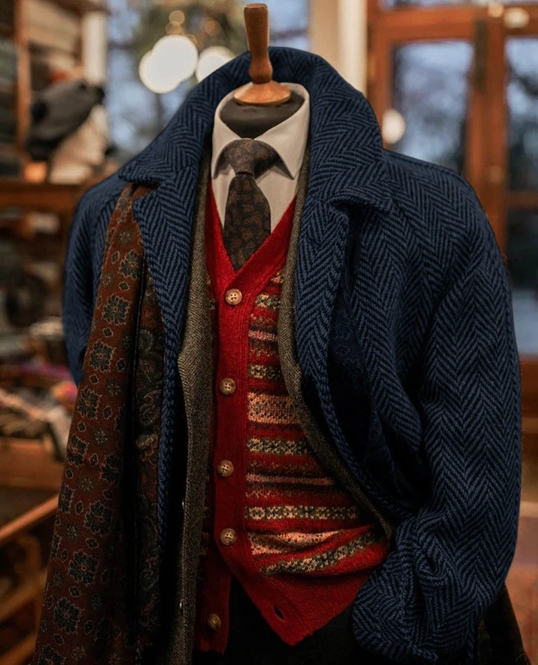 Hombres Abrigos con Cinturón Espiga Mezcla de Lana Abrigos Largos Tweed Ropa Exterior de Negocios Foto 4 de 4