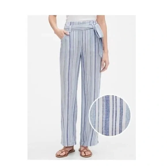 gap Wome's Blue White Linen Striped Wide Leg Drawstring Pants Sz S