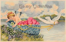 Antique Valentines Day Card Blue Flowers Boat Dove Cupid Hearts Vtg Postcard V5