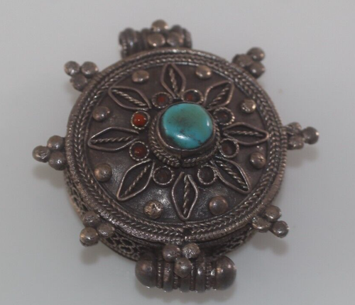 Tibet Gau Sterling Silver Turquoise Coral Filigree Tibetan Prayer Box Pendant - Picture 2 of 7