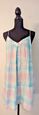 New Abound sz M Adley Plaid Print Dress sleeveless tank pink teal