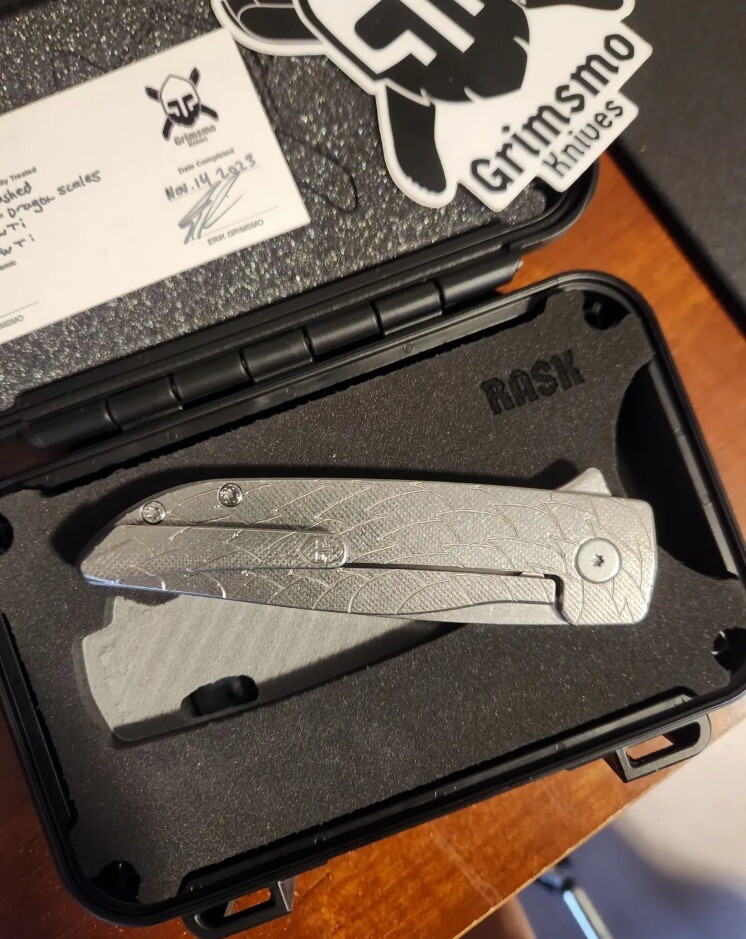 Grimsmo Rask Knife 2312 Dragon scale raw titanium finish and hardware