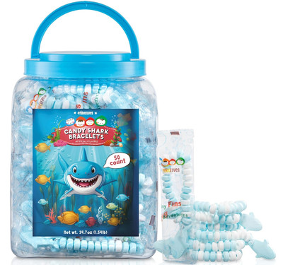 50 Shark Candy Bracelets, Cool Blue Candy for under the Sea and Baby Shark Party