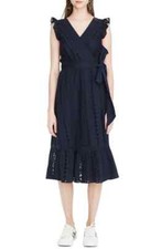 J CREW ALL OVER EYELET NAVY WRAP MIDI DRESS sz 0