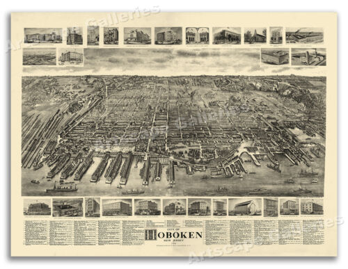 1904 Hoboken New Jersey Vintage Old Panoramic City Map - 18x24 - Picture 1 of 3
