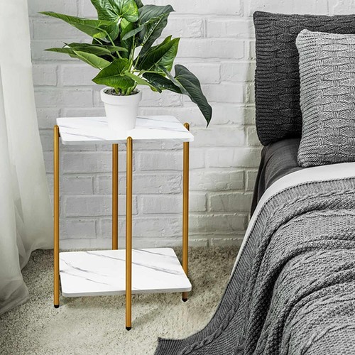 Urraca White Marble Top Side Table With Gold Frame for Living Room or Bedroom - Picture 2 of 8