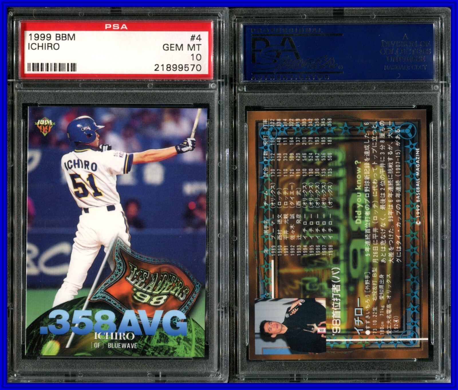 PSA 10 1999 BBM Japan LL AVG #4 Ichiro Suzuki Orix Blue Wave POP5