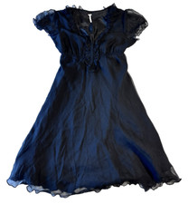 FREE PEOPLE Black 100% Silk Dress Sheer Short Sleeves Ruffle Trim V Neck sz 4