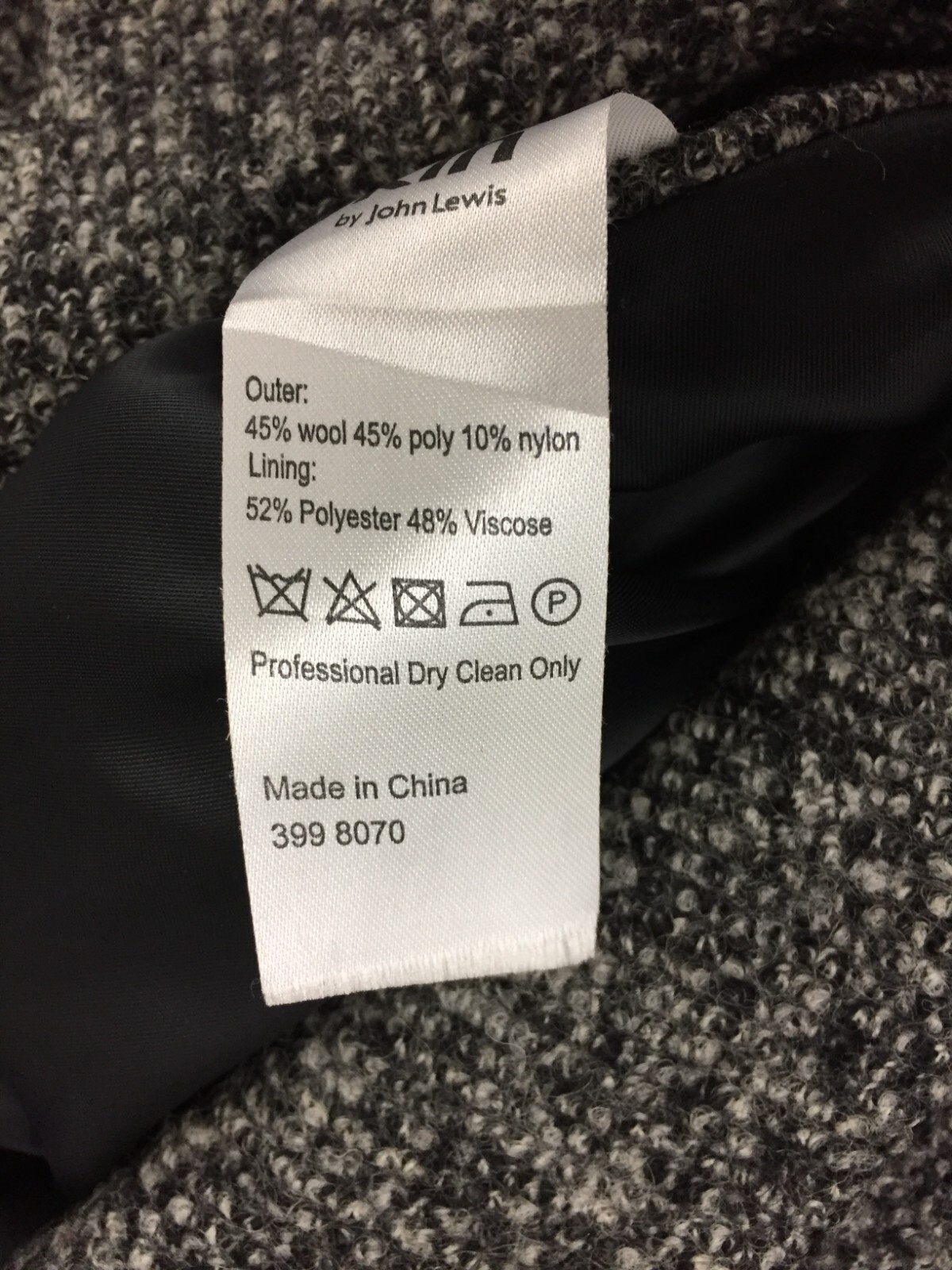 Kin John Lewis Men's Coat Size S Grey Wool Blend Slim Fit Pockets