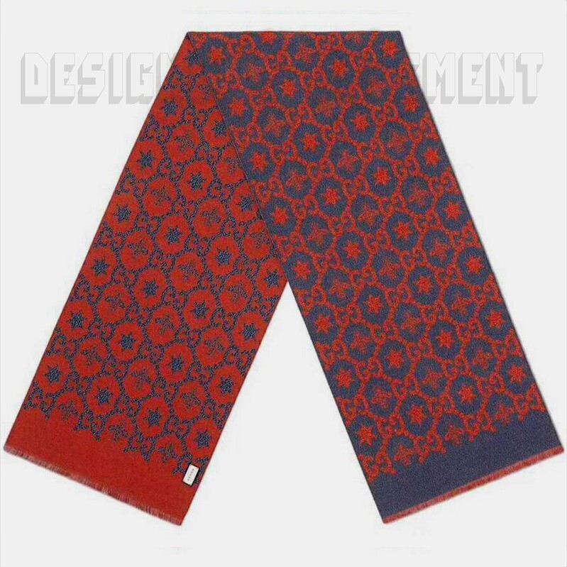 ★関税込★GUCCI★BEE STAR WOOL SCARF★BURGUNDY + NAVY★ Gucci Star And Bee-jacquard Wool Scarf In Navy And Burgundy
