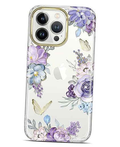 Clear Case Compatible with iPhone 15 Pro Max Gold Glitter Flower Purple