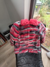 Marc Cain Ladies Faux Fur Red, Grey And White Jacket